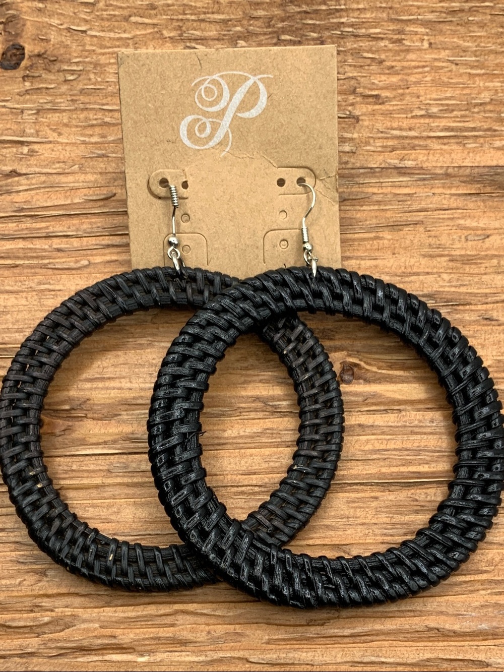 Plunder Design Black Woven Rattan Hoop Dangling Earrings